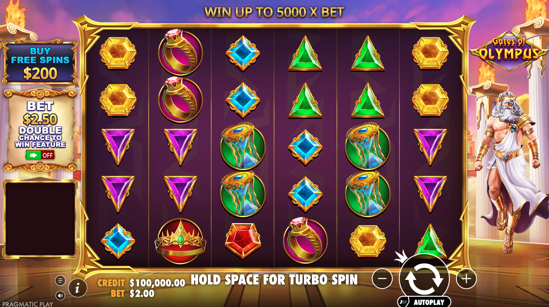 Gates of Olympus gokkast van Pragmatic Play met edelstenen, zes rollen en het Zeus-personage.
