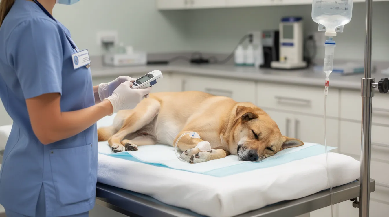A calm dog is resting on a padded veterinary hospital bed, connected to an IV line while a veterinary nurse monitors a blood glucose meter nearby, ensuring the dog's blood sugar levels remain stable. This scene highlights the importance of veterinary medicine in managing conditions like xylitol ingestion, which can lead to serious health issues in dogs.