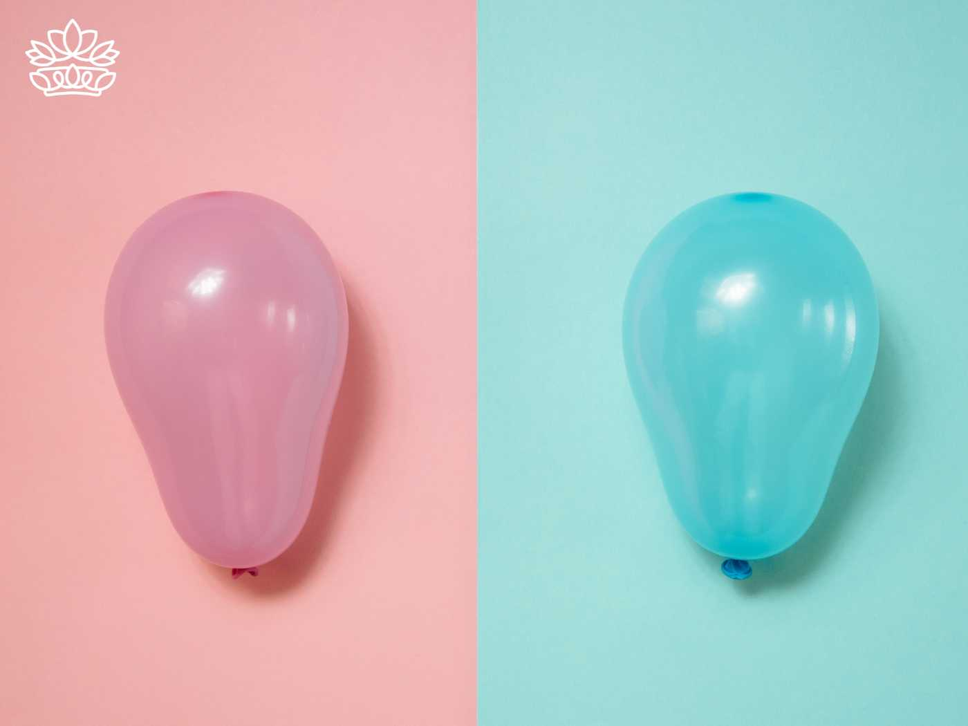 A pink balloon on a pastel pink background and a blue balloon on a pastel blue background, from the Gender Reveal Collection at Fabulous Flowers and Gifts.