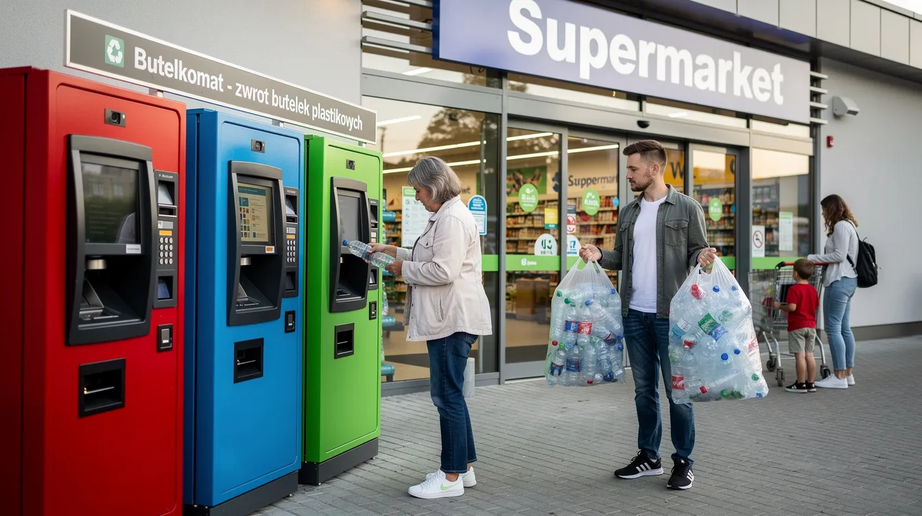 Na zdjęciu widoczne są kolorowe butelkomaty ustawione przy wejściu do supermarketu, w których ludzie wrzucają plastikowe butelki. Te urządzenia są częścią systemu kaucyjnego, który wspiera gospodarkę o obiegu zamkniętym, promując recykling i ponowne wykorzystanie materiałów.