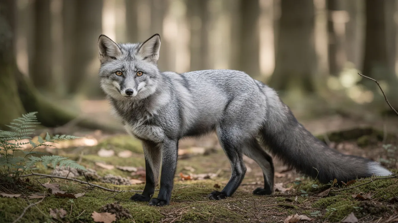 A silver fox with distinctive coloring stands alert in a lush forest setting, showcasing its striking features and natural beauty. This image highlights the unique morphological traits that emerge through selective breeding programs in domesticated foxes, emphasizing the connection between their wild forebears and their adaptation to human environments.