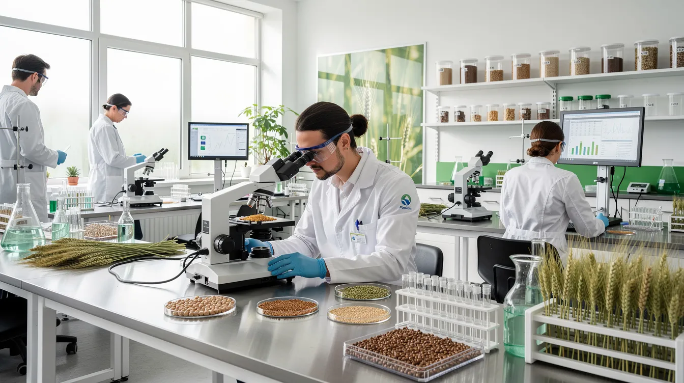 f7162425 b290 4dc3 8587 1ff9324aa690 The image shows a modern agricultural research laboratory where scientists are examining grain samples under advanced equipment. This setting highlights the focus on food grains like wheat bran and their nutritional properties, essential for innovations in the flour milling industry and food processing.