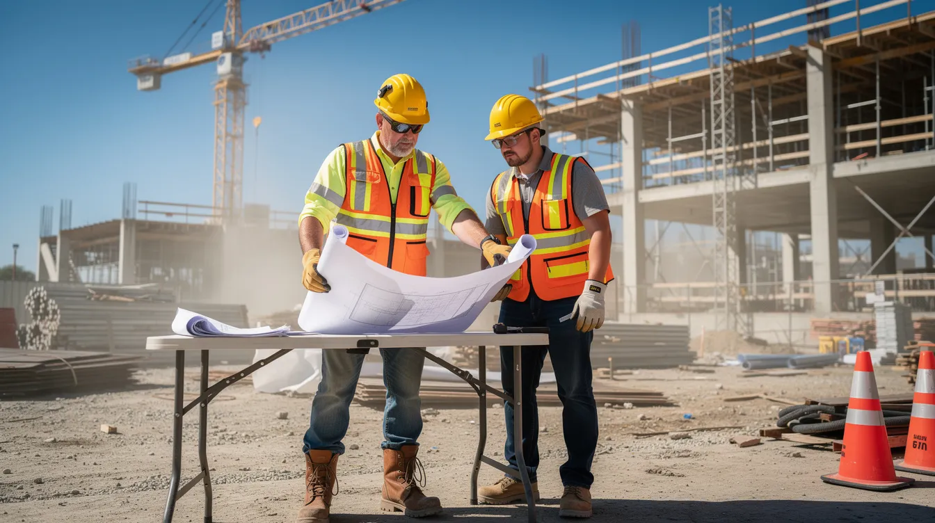 A construction foreman in safety gear is engaging with a younger worker at a job site, pointing at a detailed blueprint while discussing safety protocols and practices. This interaction highlights the importance of safety training and effective communication in the construction industry to ensure a strong safety culture and reduce workplace injuries.