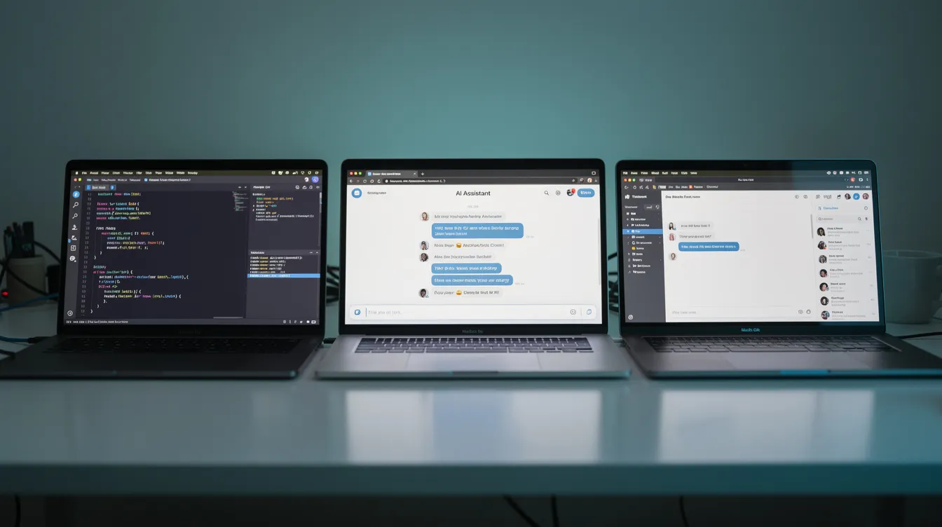 The image features multiple laptop screens displaying various coding environments and AI chat panels, showcasing a blend of software development and AI coding tools. Each screen represents different aspects of the development process, including code generation, AI-generated code, and the use of natural language prompts for writing code.