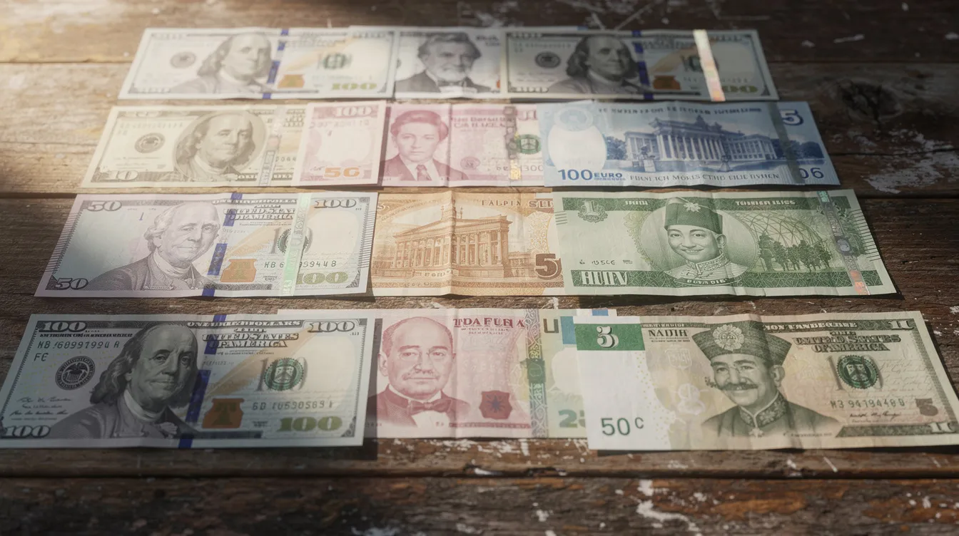 An assortment of different currency notes from multiple countries is neatly arranged on a wooden table, showcasing the diversity of global money. This image highlights the concept of international money transfers and foreign exchange, emphasizing the importance of secure and convenient payment methods for sending money abroad.