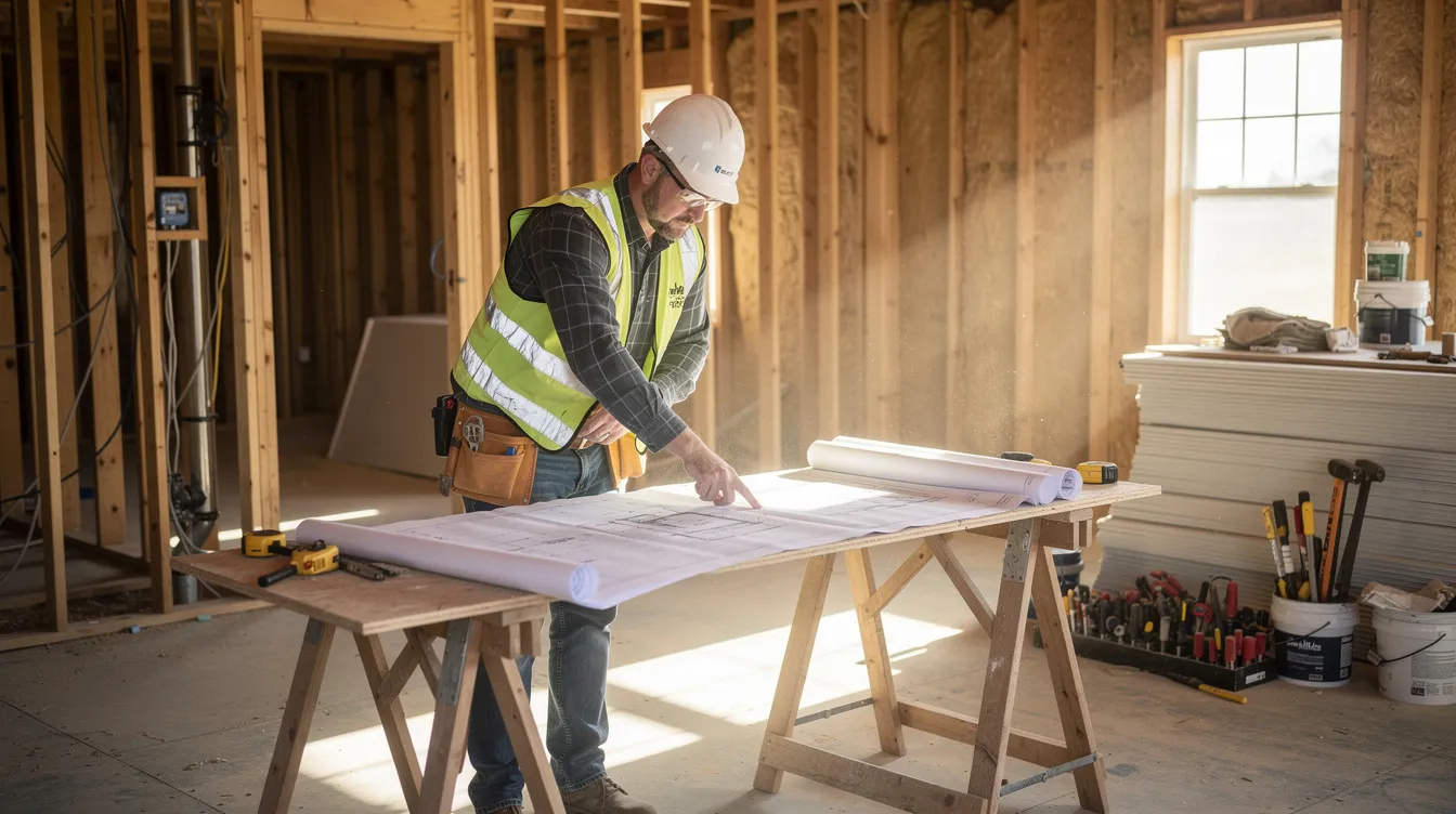 A contractor is intently reviewing renovation blueprints at a residential property that is currently under construction, surrounded by tools and building materials. This scene highlights the importance of planning for home improvements, which can be financed through options like a home equity line of credit or a home equity loan.