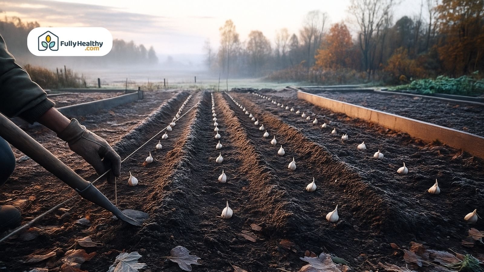 Planting garlic cloves in neat rows on a cool autumn morning