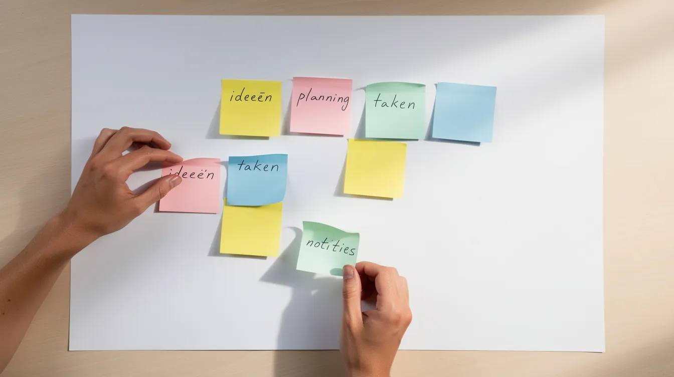 Twee handen plakken kleurrijke plakbriefjes op een groot wit vel papier, gezien vanuit een bovenaanzicht. De plakbriefjes kunnen gebruikt worden om verschillende aspecten van een business model canvas, zoals klantsegmenten en inkomstenstromen, visueel weer te geven.