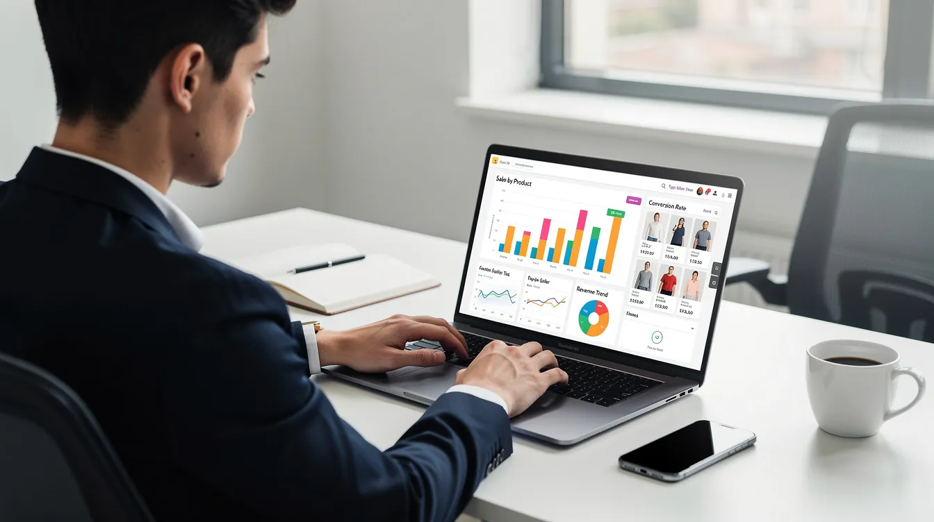 A person is focused on their laptop, analyzing an e-commerce dashboard that displays product analytics for their online store, which specializes in trendy shoes and comfortable footwear. The screen shows valuable insights into sales performance and customer demands, essential for managing their dropshipping business effectively.