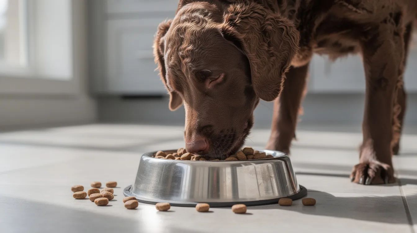 A Chesapeake Bay Retriever is happily eating high-quality kibble from a stainless steel dog bowl, showcasing its wavy outer coat and strong build. The scene captures the loyal companion enjoying its meal, emphasizing the breed's energetic and friendly personality.