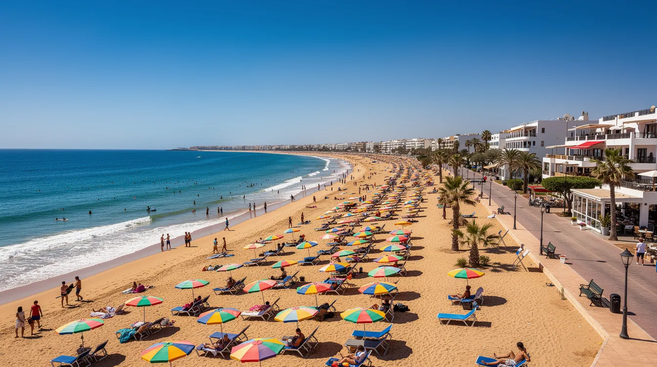 A wide view of Agadir's long sandy beach showcases numerous tourists relaxing under colorful umbrellas along the seafront promenade on a sunny day. The scene captures the vibrant atmosphere of this popular destination, where visitors can enjoy outdoor activities and explore local culture while staying aware of their surroundings for a safe experience.