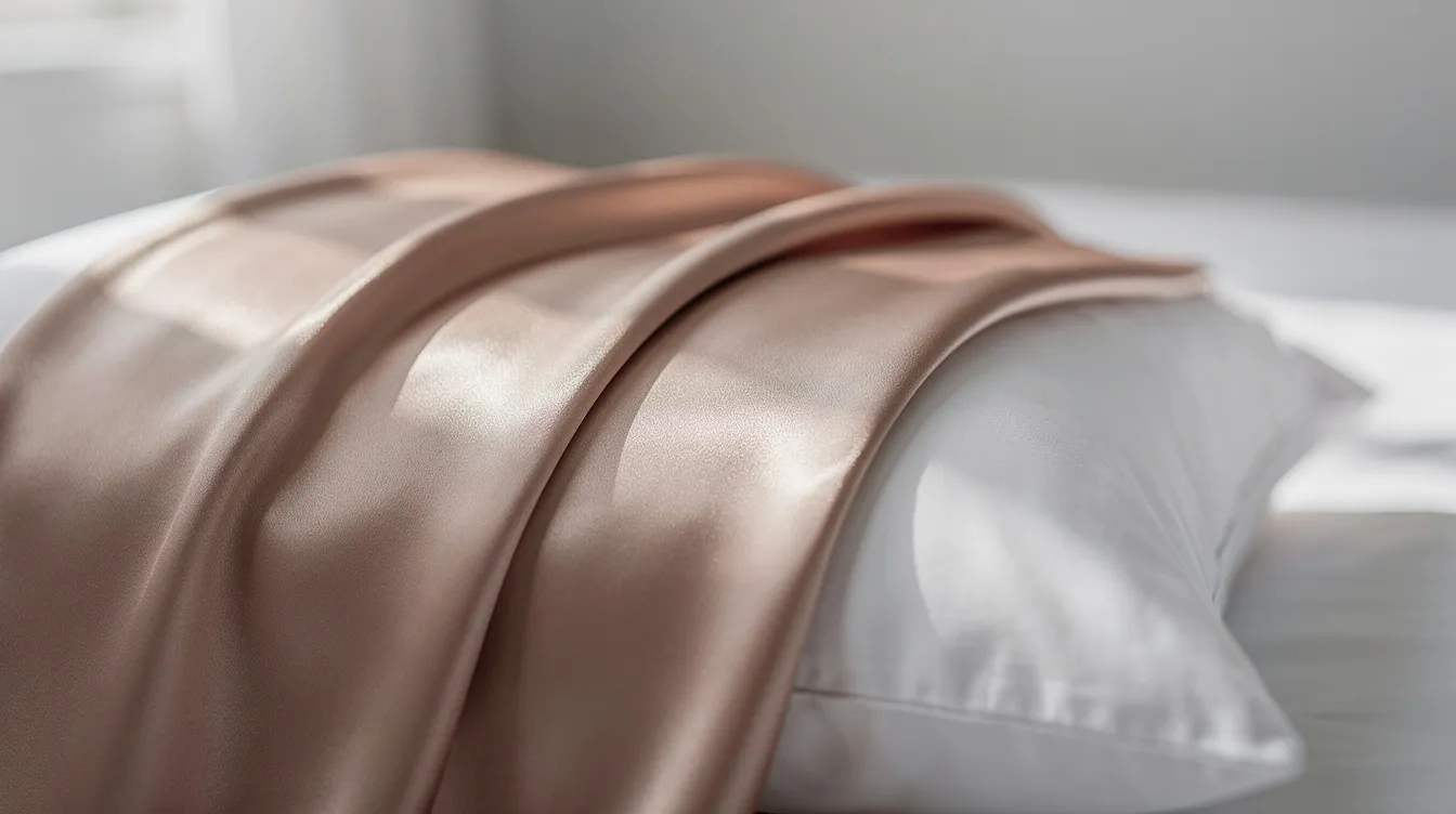 A close-up view of smooth, lustrous satin fabric elegantly draped over a white pillow, showcasing the luxurious feel and beauty benefits associated with satin pillowcases, such as reduced friction for healthier hair and hydrated skin. The soft sheen of the satin enhances the bedroom decor while providing a comfortable sleep environment.