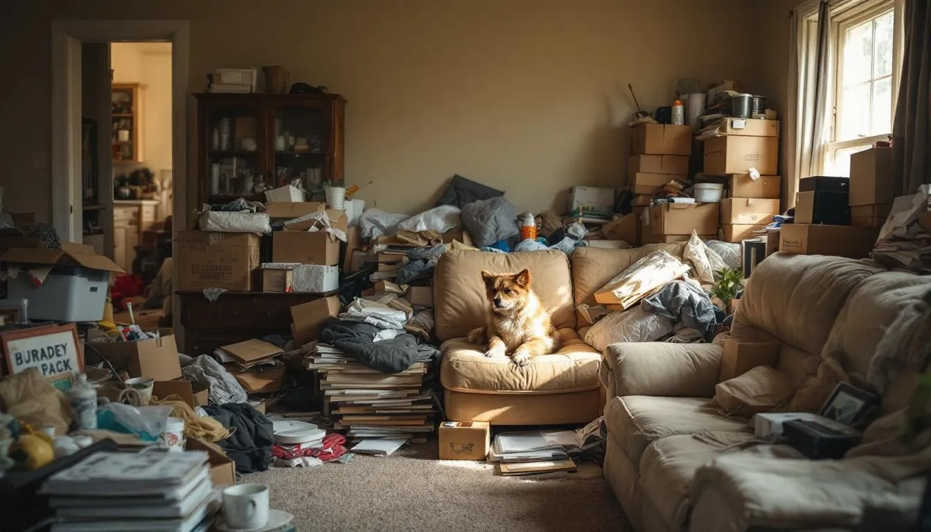 An overview of hoarding disorder, depicting cluttered living spaces.