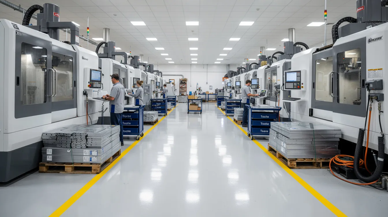 The image depicts a clean and well-organized CNC machining factory floor featuring rows of modern milling machines, showcasing a variety of machine tools used for precision machining. This efficient workspace highlights the capabilities of CNC machining centers and the production of high-quality machined parts for various industries.