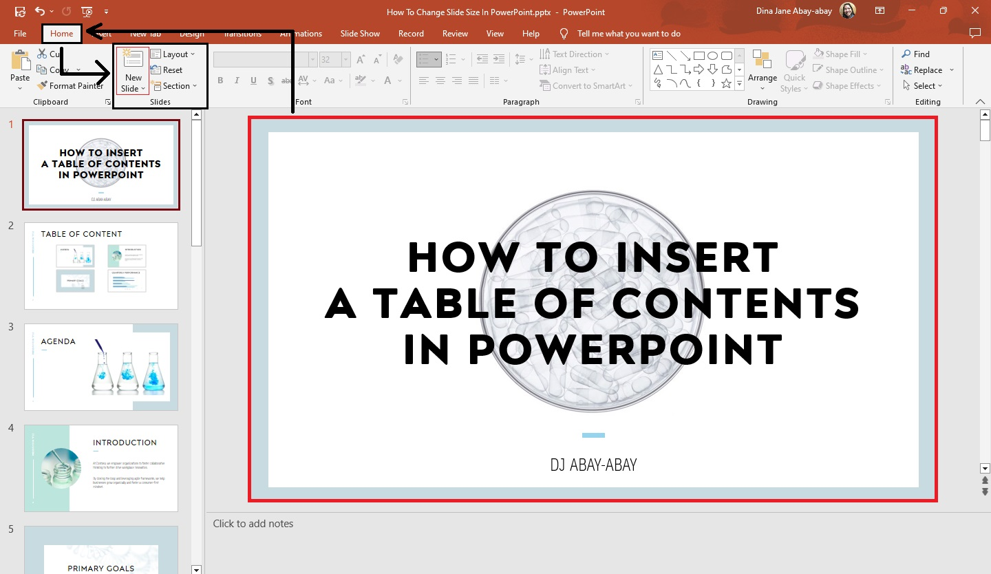 On your slide deck you see what presentation slide is being used on your presentation, click home tab and select "New Slide."