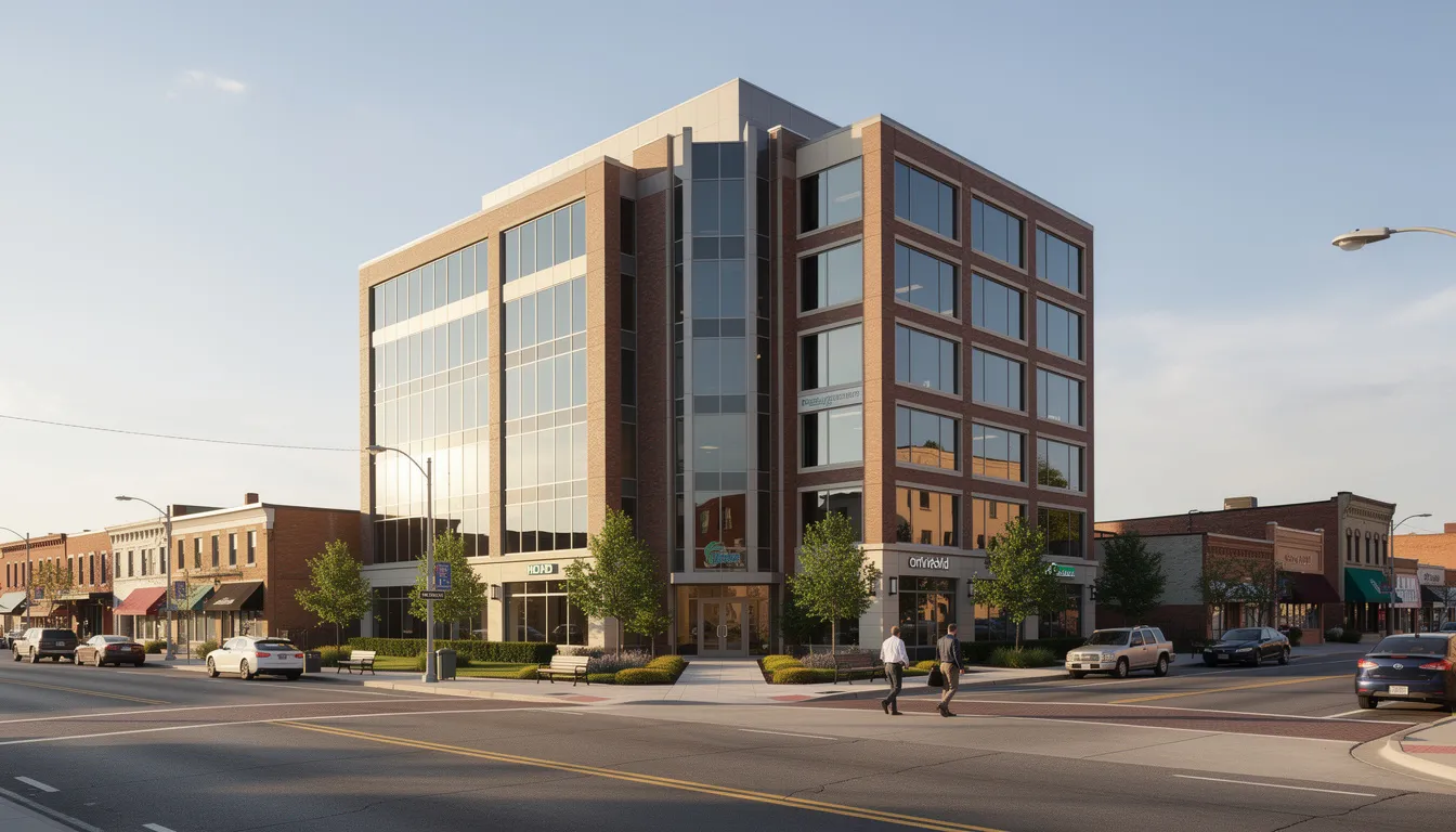 The image depicts a modern professional office building situated in a small city, showcasing a sleek design with large glass windows and a welcoming entrance. This setting may be relevant for injured workers seeking information about workers' compensation claims and medical treatment options, including reaching maximum medical improvement.