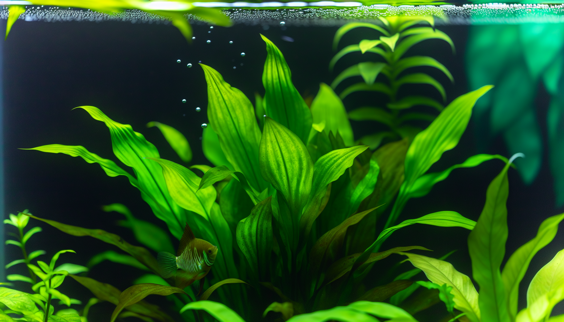 A lush green Amazon Sword plant in an aquarium