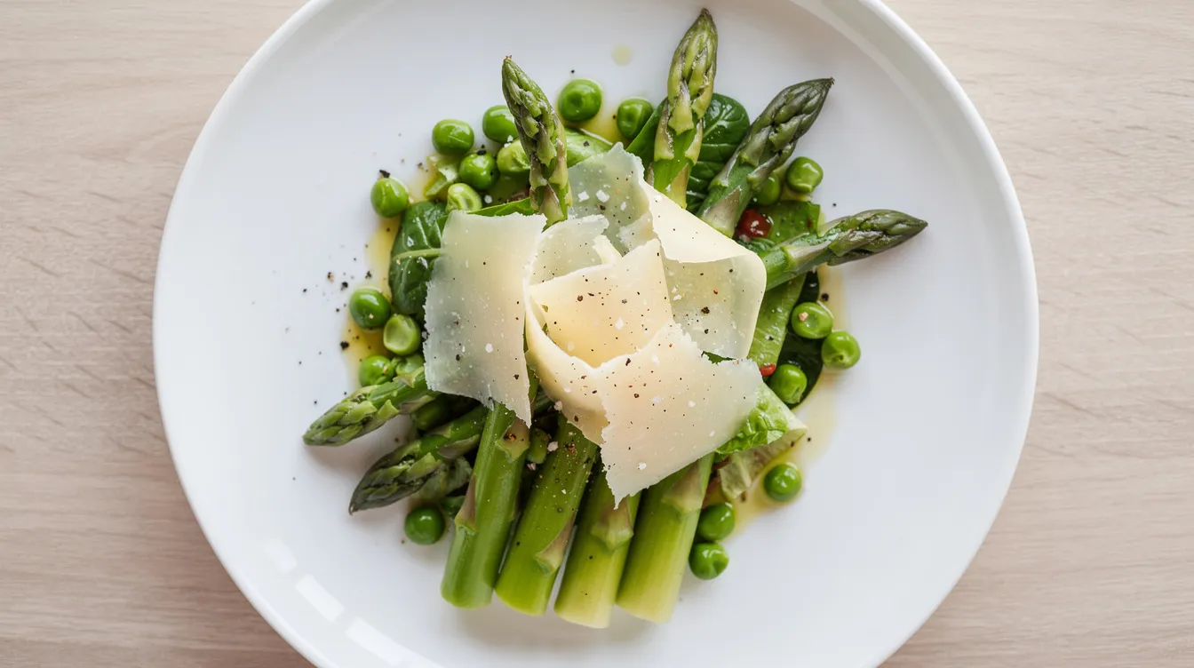 A vibrant spring salad featuring tender asparagus spears, fresh green peas, and shaved parmesan cheese is beautifully arranged on a white plate, making it a perfect addition to any Easter brunch or dinner menu. This dish highlights the fresh flavors of spring produce, ideal for a no-stress holiday feast.