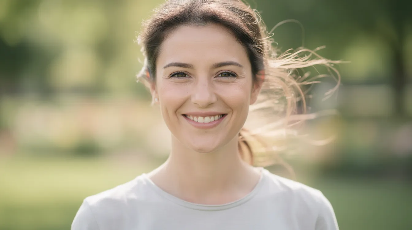 A woman with naturally thin lips is smiling outdoors in soft daylight, showcasing a natural look that highlights her facial features. The image captures the subtle enhancement of her lip shape, suggesting she may have undergone a lip filler treatment for improved definition and volume.