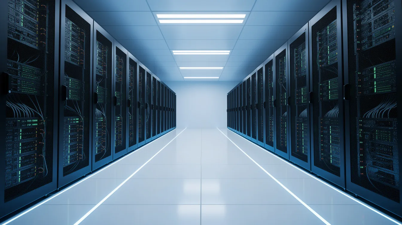 The image depicts a large modern data center filled with rows of illuminated server racks, bathed in blue lighting, showcasing the infrastructure that supports machine learning models and artificial intelligence systems. This environment is crucial for processing massive datasets, enabling training processes that allow AI models to learn and make accurate predictions.