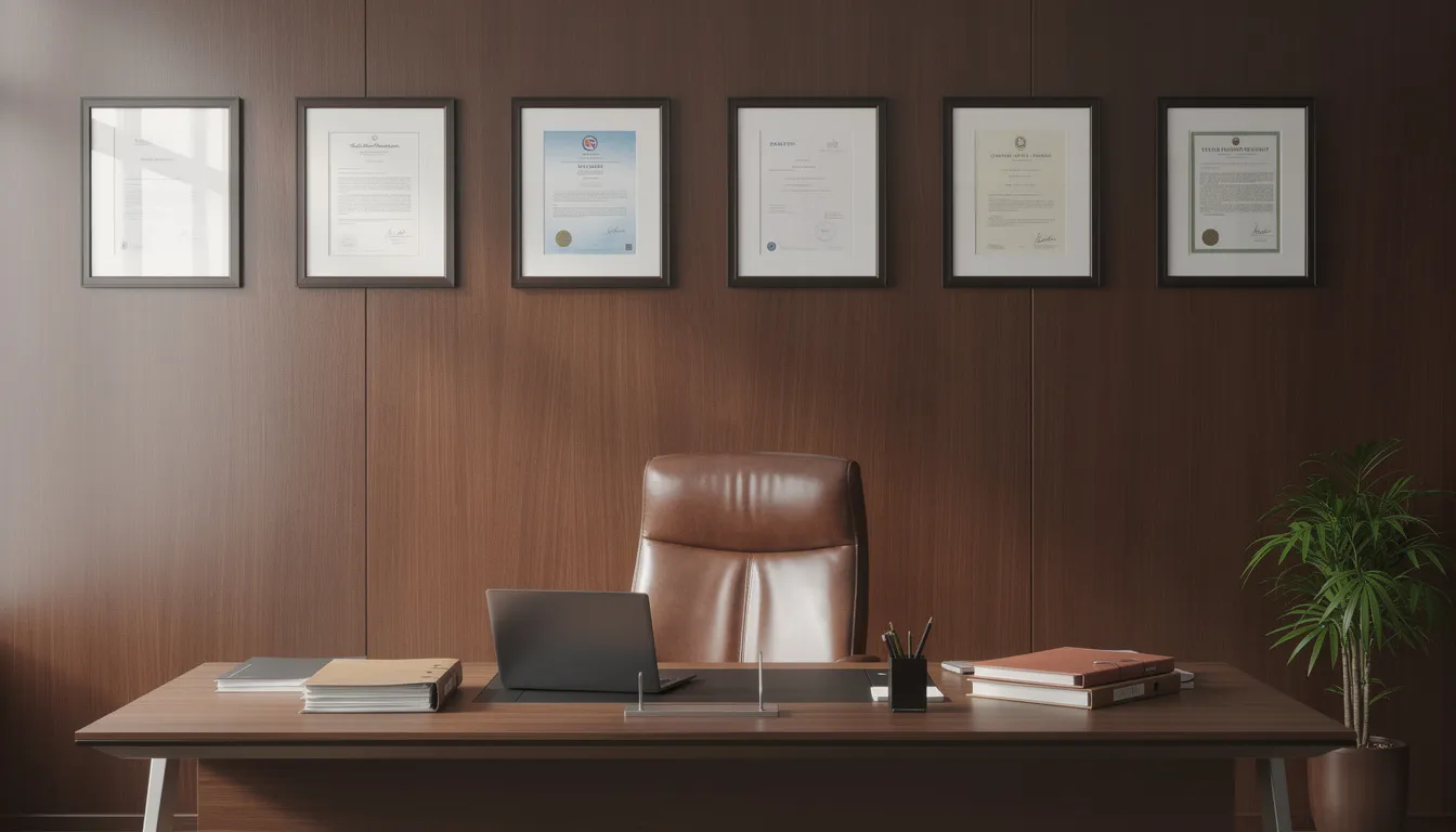 The image depicts a professional office featuring a wood-paneled wall adorned with framed documents and certificates, suggesting an environment focused on education and achievement. This setting may reflect the qualifications and academic accomplishments, such as doctorate degrees, relevant to the business and professional landscape.