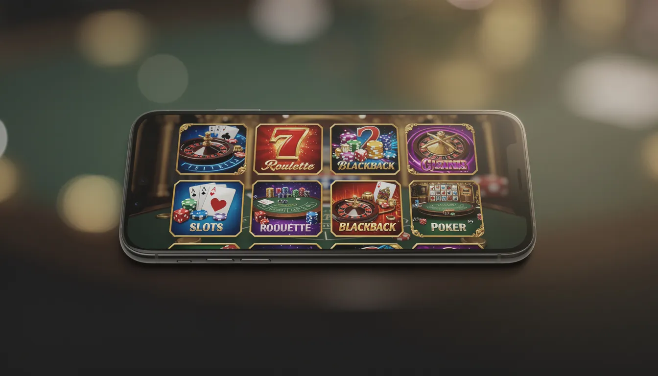 En smartphone med en färgglad casino-appsgränssnitt visas, där olika spelikoner är tydligt synliga. Användare kan enkelt logga in och ta del av bonusar och free spins hos Ninja Casino dygnet runt.