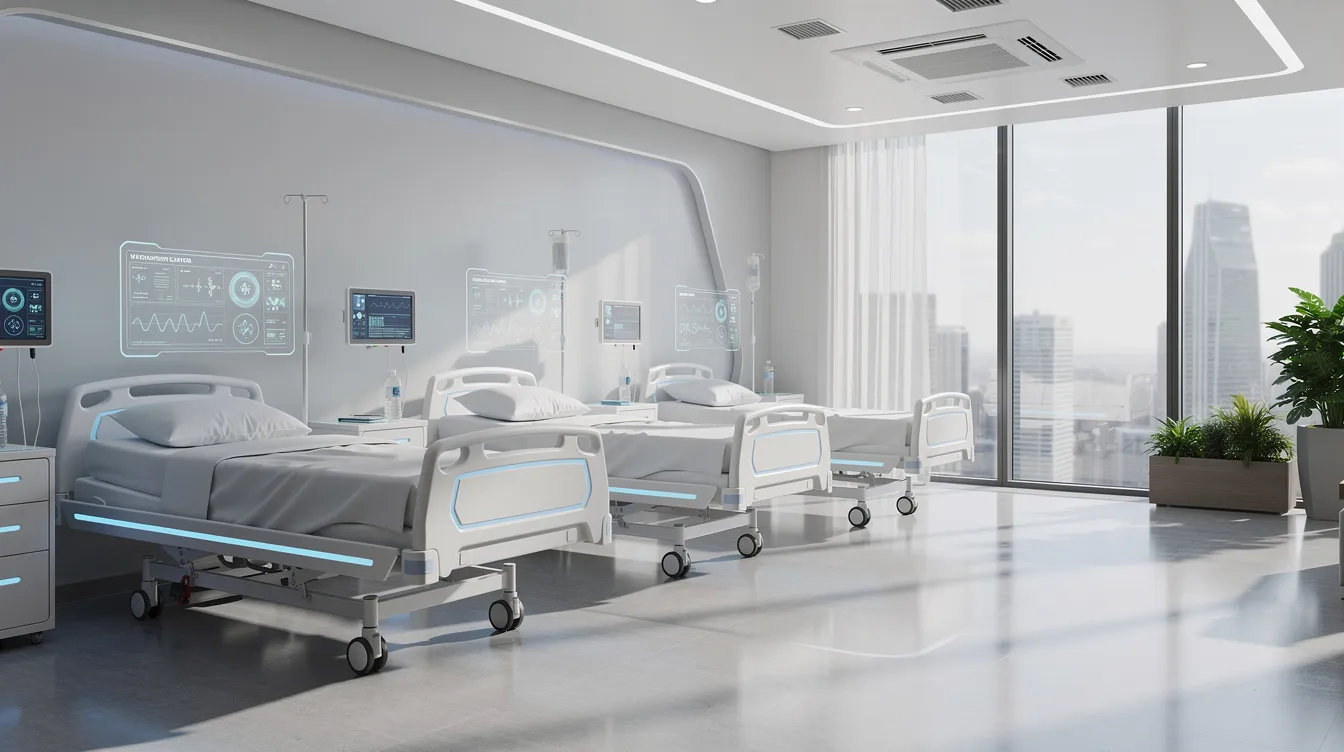 The image depicts a futuristic hospital ward filled with natural light, featuring advanced bedside monitoring screens that enhance patient care. This setting exemplifies how technology in the healthcare industry can improve efficiency and support human workers, such as doctors and nurses, in making better decisions for patient health.