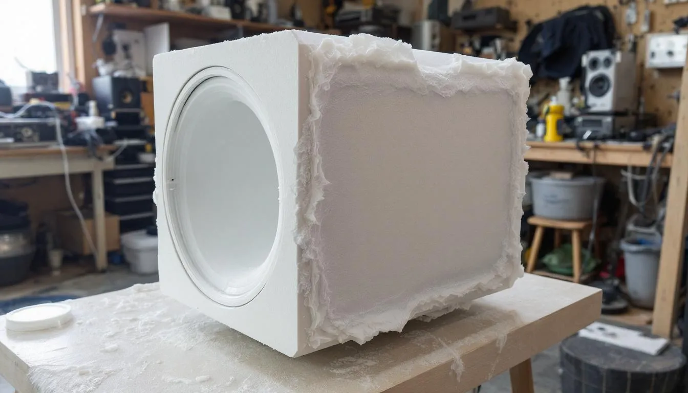 The image shows a technician carefully fabricating a fiberglass custom speaker installation, showcasing their craft and passion for superior sound in car audio systems. Various tools and materials are visible in the background, emphasizing the detailed work involved in the installation process.