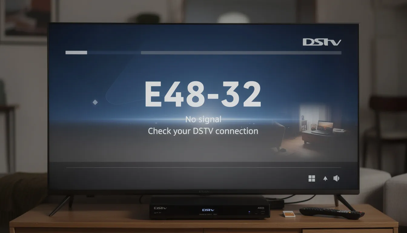 The image depicts a DSTV decoder displaying the error message "e48 32," indicating a signal reception problem, possibly due to bad weather or faulty connections. Nearby, a satellite dish can be seen, which may require realignment or inspection by a professional DSTV installer to resolve the signal issues.