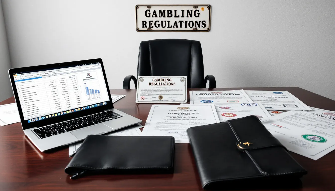 A neatly organized desk displays professional gambling regulation documents and certification papers, emphasizing the importance of compliance in the gambling industry. The presence of these papers highlights the need for responsible gambling practices and adherence to local regulations when promoting gambling ads and services.