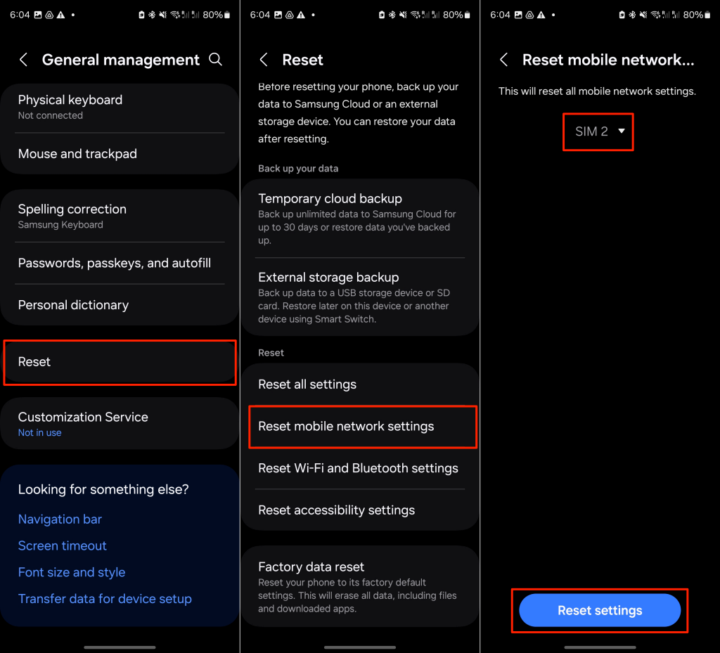 Steps to perform a network reset on a Samsung device