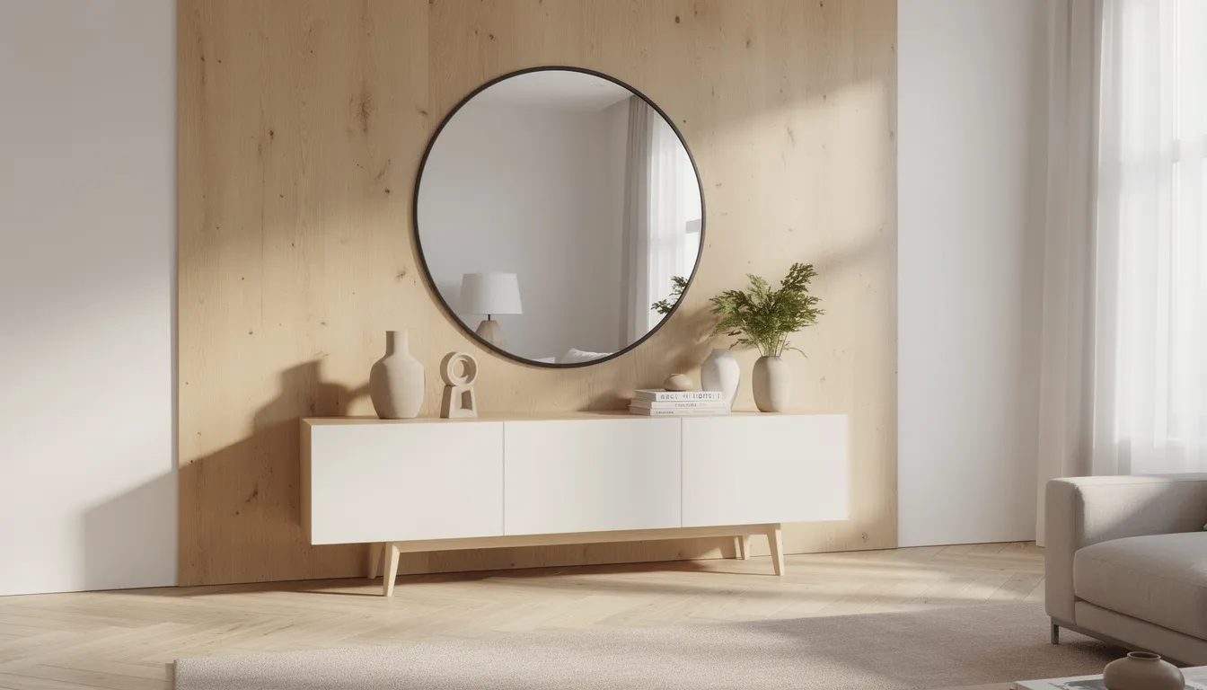 Een lichte woonkamer met een houten wandpaneel met spiegel achter een dressoir, dat een stijlvolle uitstraling geeft. Boven het dressoir hangt een grote ronde spiegel, die bijdraagt aan de uitnodigende sfeer van de ruimte.