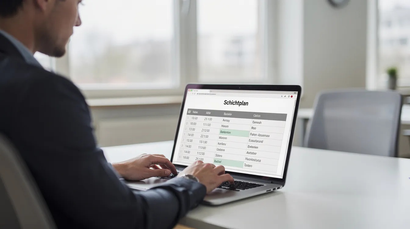 Eine Person sitzt an einem Laptop in einem modernen Büro und betrachtet einen digitalen Dienstplan auf dem Bildschirm. Die Software ermöglicht es, Schichten und Abwesenheiten effizient zu verwalten und bietet dem Team einen klaren Überblick über die Personalplanung.