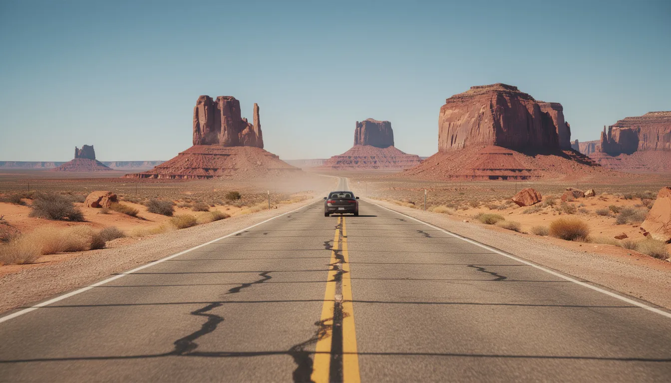 Une voiture moderne est garée sur une route désertique américaine, entourée de formations rocheuses majestueuses. Cette image évoque l'aventure et la liberté d'explorer des paysages uniques, parfaits pour une location de voitures à travers le pays.