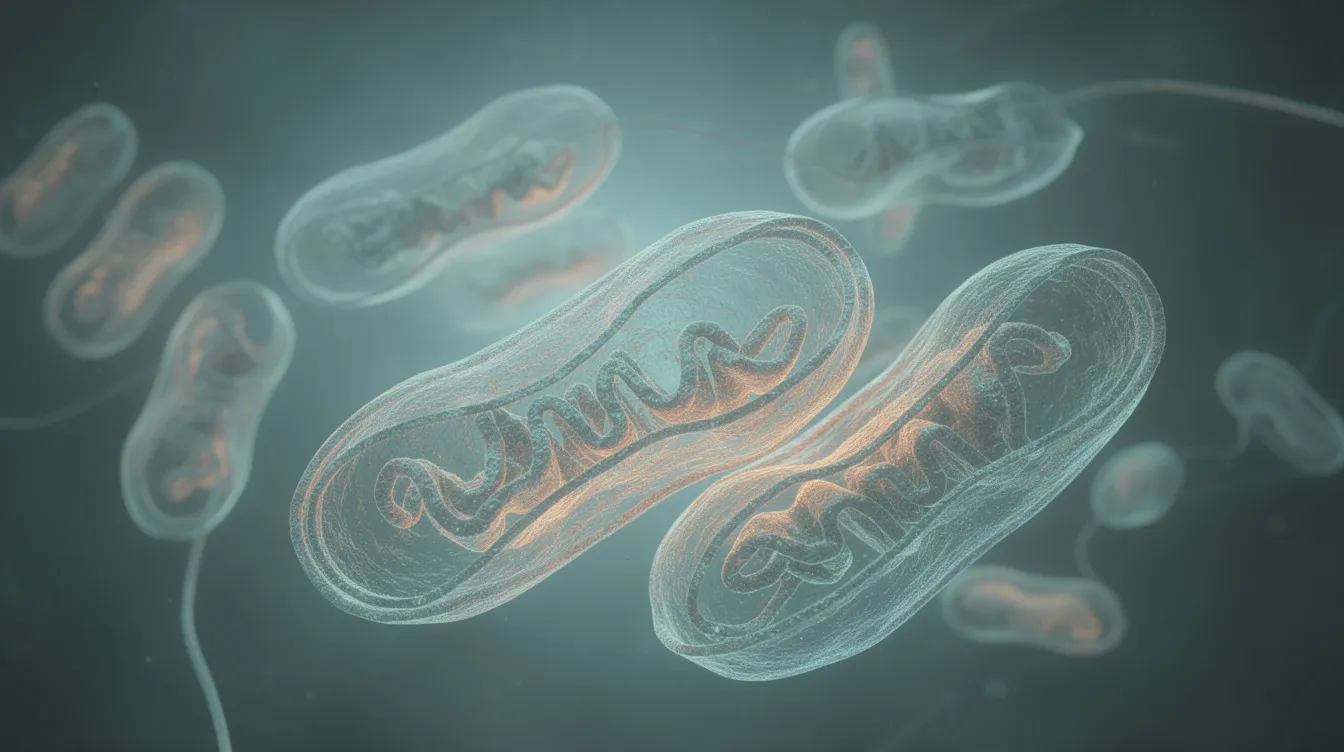 The image presents a microscopic view of healthy mitochondria within human cells, showcasing their vital role in energy production and overall cellular health. This depiction highlights the importance of mitochondrial function in supporting healthy aging and metabolic health.