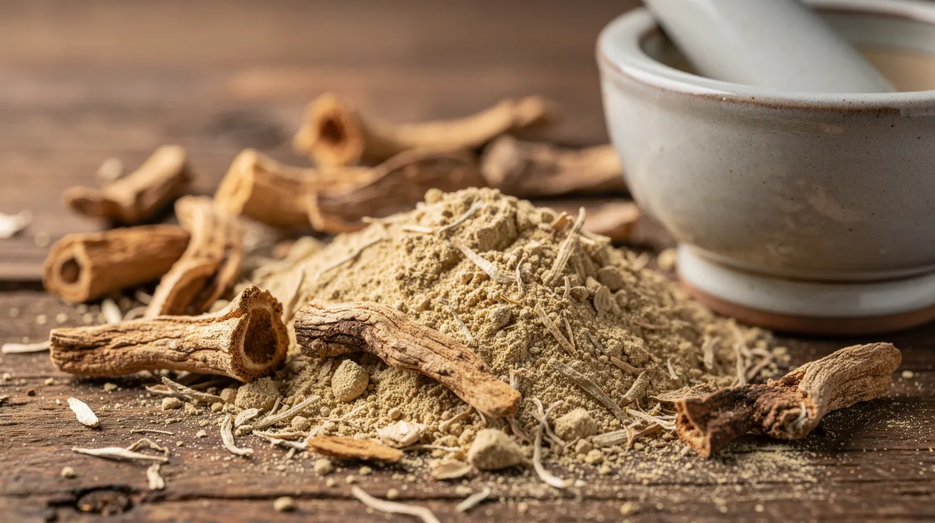 Getrocknete Shatavari-Wurzelstücke und beigefarbenes Shatavari-Pulver auf Holz, traditioneller Rohstoff der ayurvedischen Medizin und Basis standardisierter Extrakte