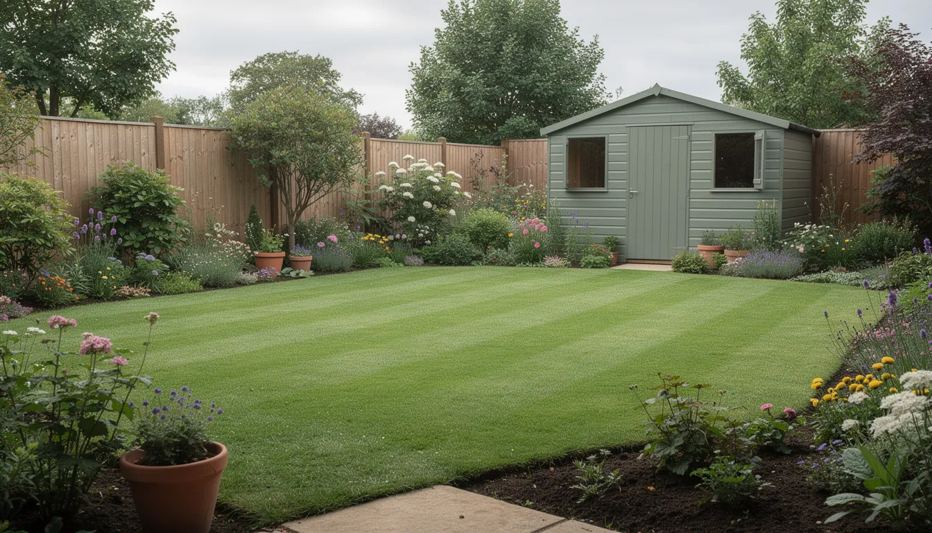 The image depicts a vibrant, healthy green lawn in a typical UK back garden, complemented by flower borders and a quaint garden shed, showcasing the ideal setting for effective lawn care and maintenance. This lush grass serves as a perfect example of how proper lawn care products and essential nutrients can enhance outdoor spaces.