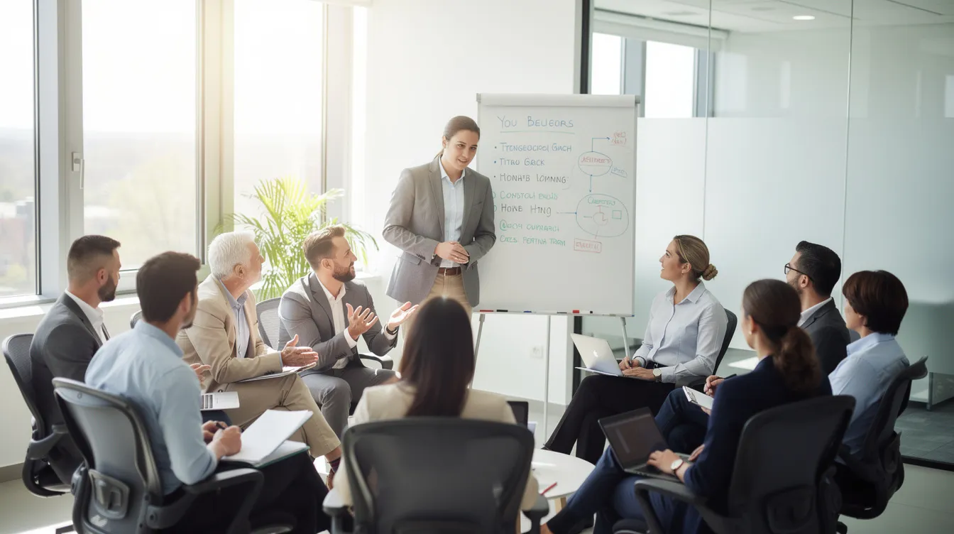 Un manager se tient devant un tableau blanc, écoutant activement les membres de son équipe assis en cercle dans une salle de réunion lumineuse. Cette scène illustre la diversité et l'inclusion au sein d'un environnement de travail collaboratif, où chaque point de vue est valorisé.