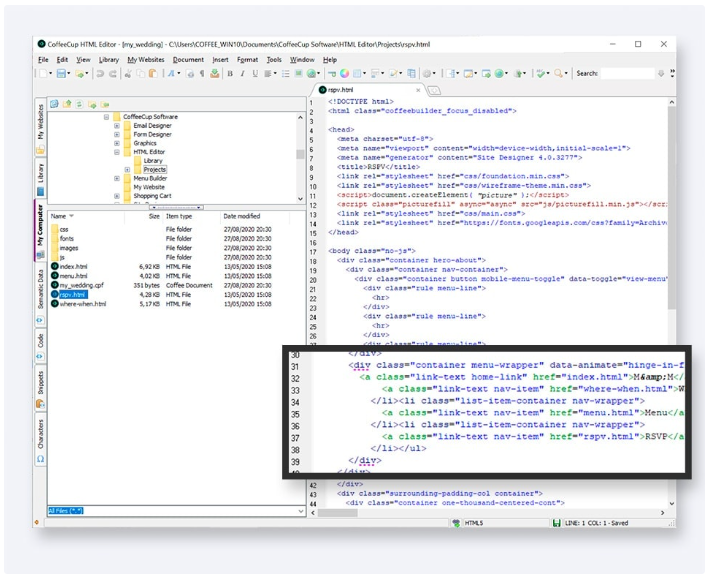 This image shows the UI of CoffeeCup's HTML editor, particularly the tag highlighting feature.