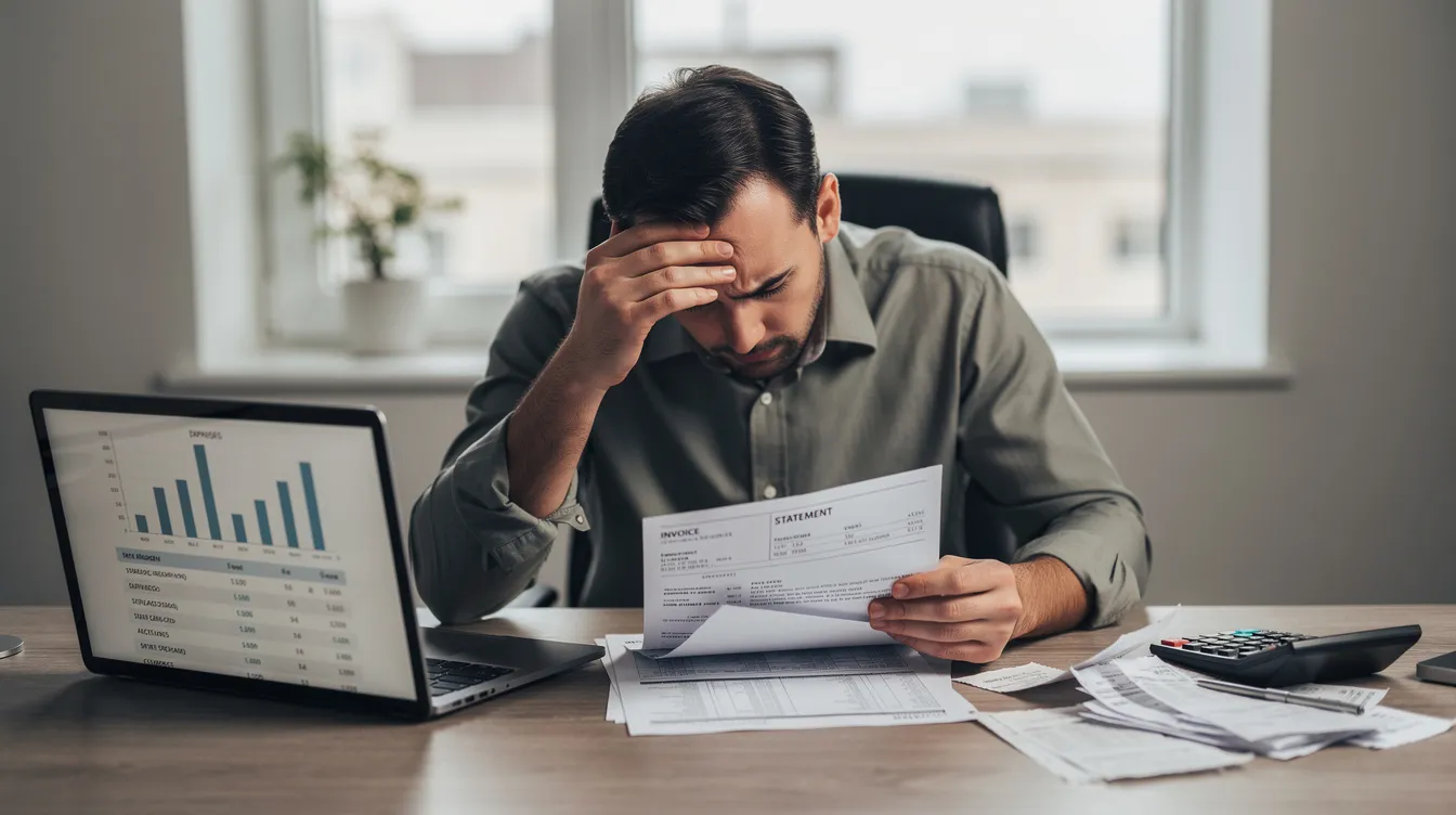 A stressed person is sitting at a cluttered desk, surrounded by financial documents, as they review important details related to their cash flow and potential gap funding options. The scene captures the pressure of managing real estate transactions and the complexities of securing financing for a new property.