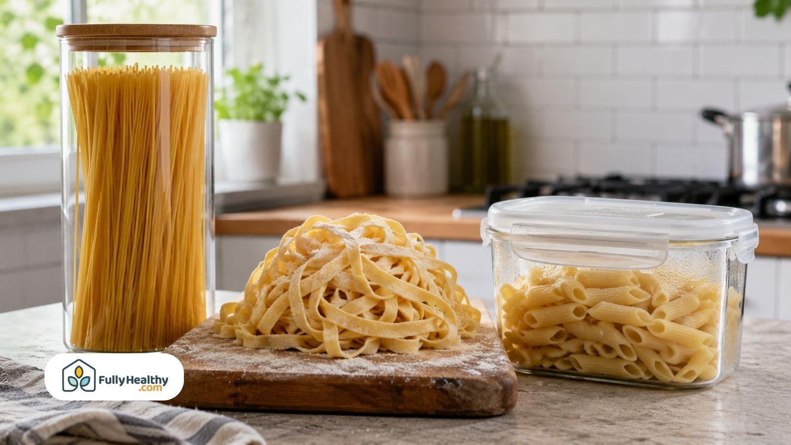 Dry fresh and cooked pasta displayed with proper storage containers in kitchen