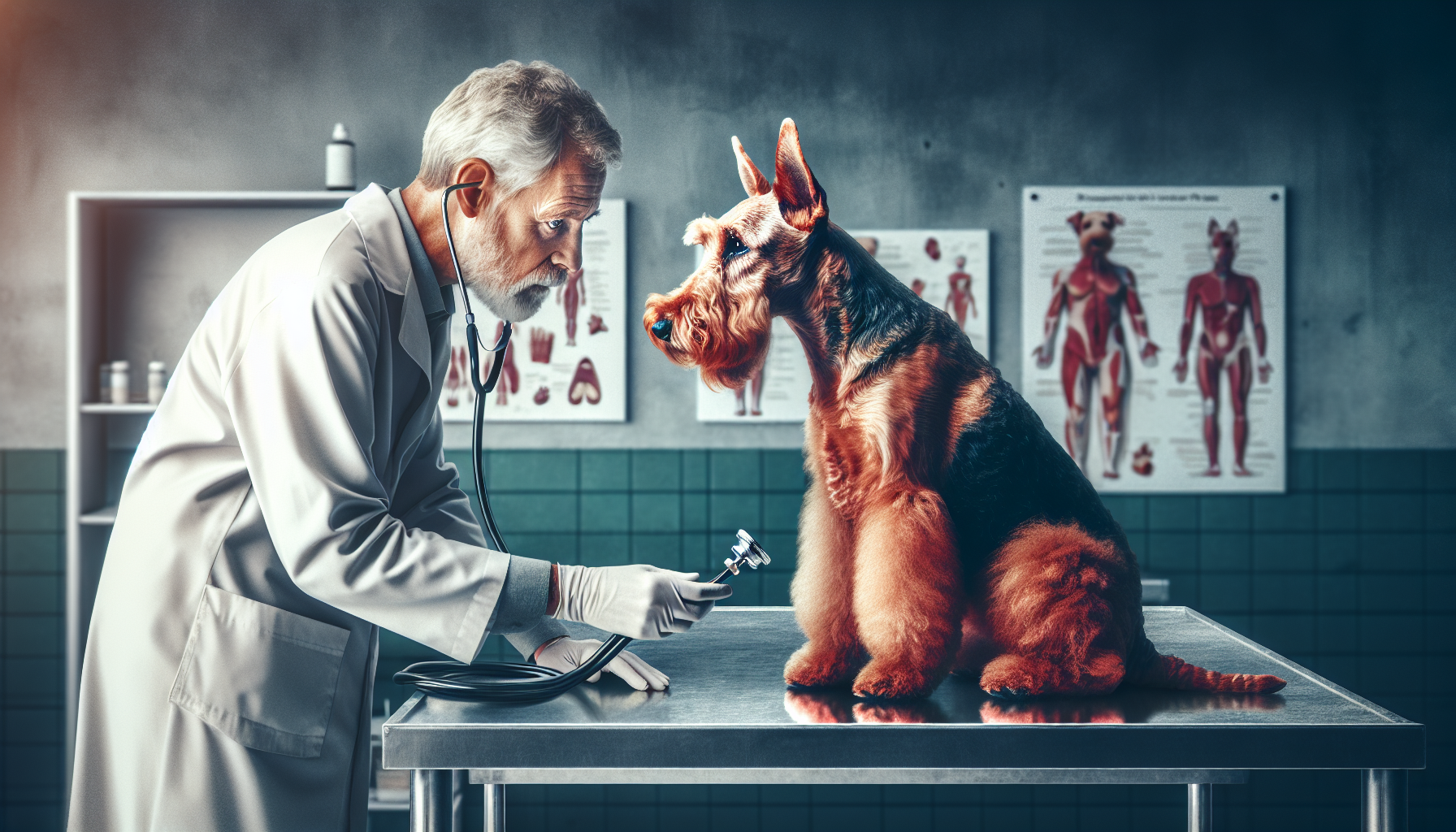 Artistic representation of a Welsh Terrier with a veterinary consultation