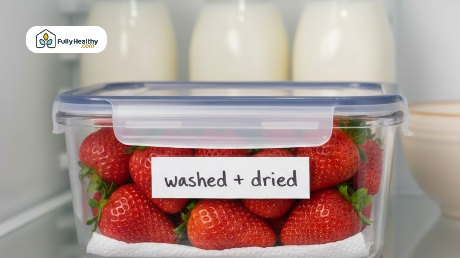 Washed and dried strawberries stored in labeled airtight container inside refrigerator