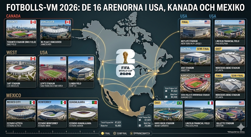 Karta över arenor för Fotbolls VM 2026 i USA Kanada och Mexiko – städer och stadion för världsmästerskapet i fotboll