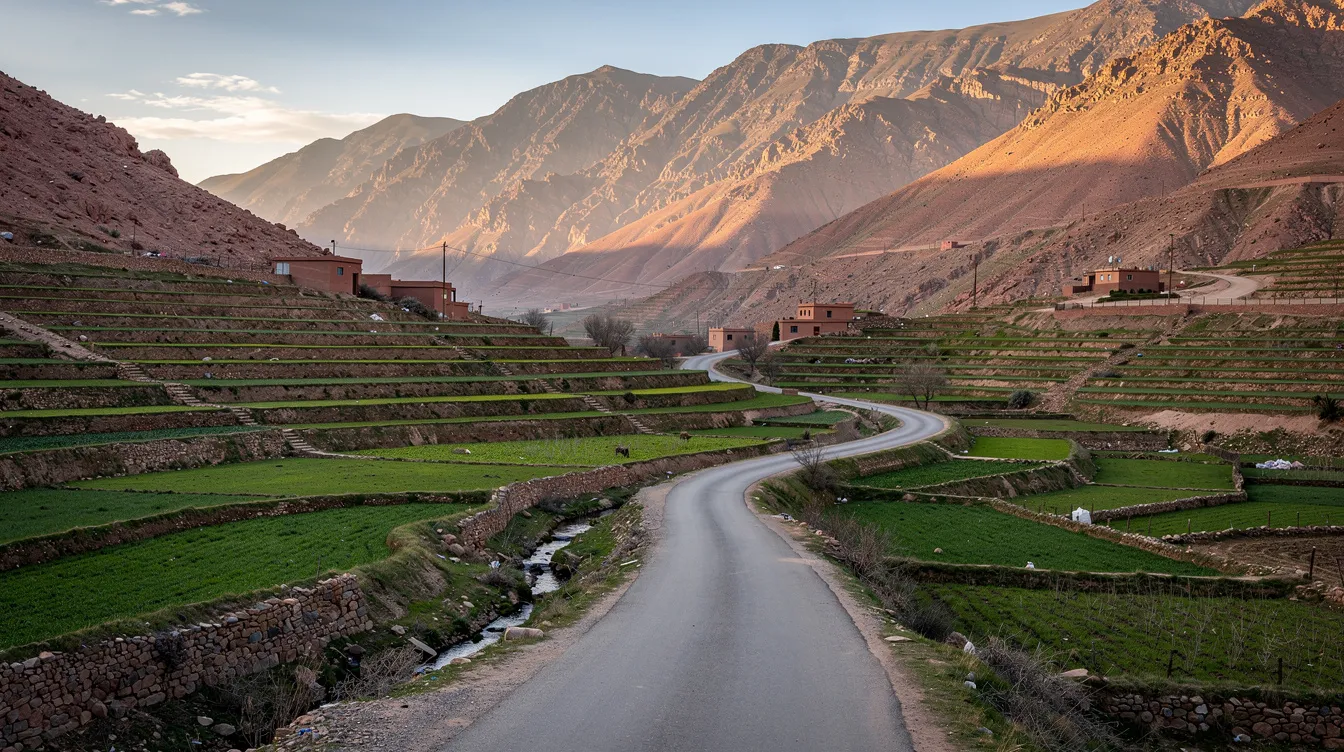 A valley near Midelt with a winding road, green terraced fields and mountains.