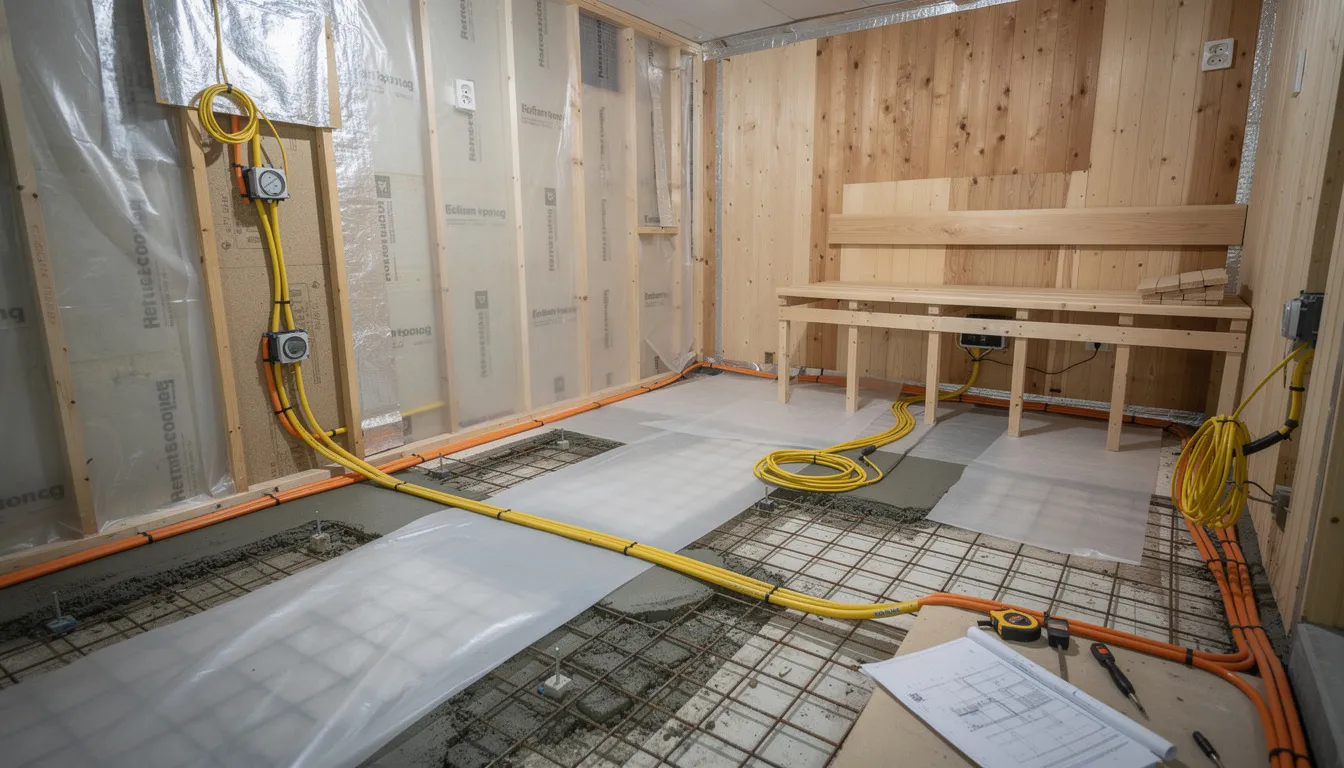 The image depicts an indoor sauna installation in progress, showcasing floor reinforcement, moisture barriers, and electrical work being completed. This setup highlights essential installation requirements for a home sauna, ensuring energy efficiency and long-term operating costs are considered for optimal wellness benefits.
