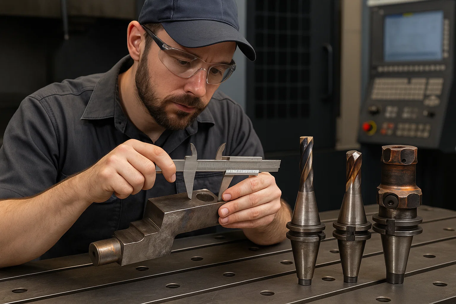 Engineer checking CNC steel components and monitoring tool wear during machining operations.