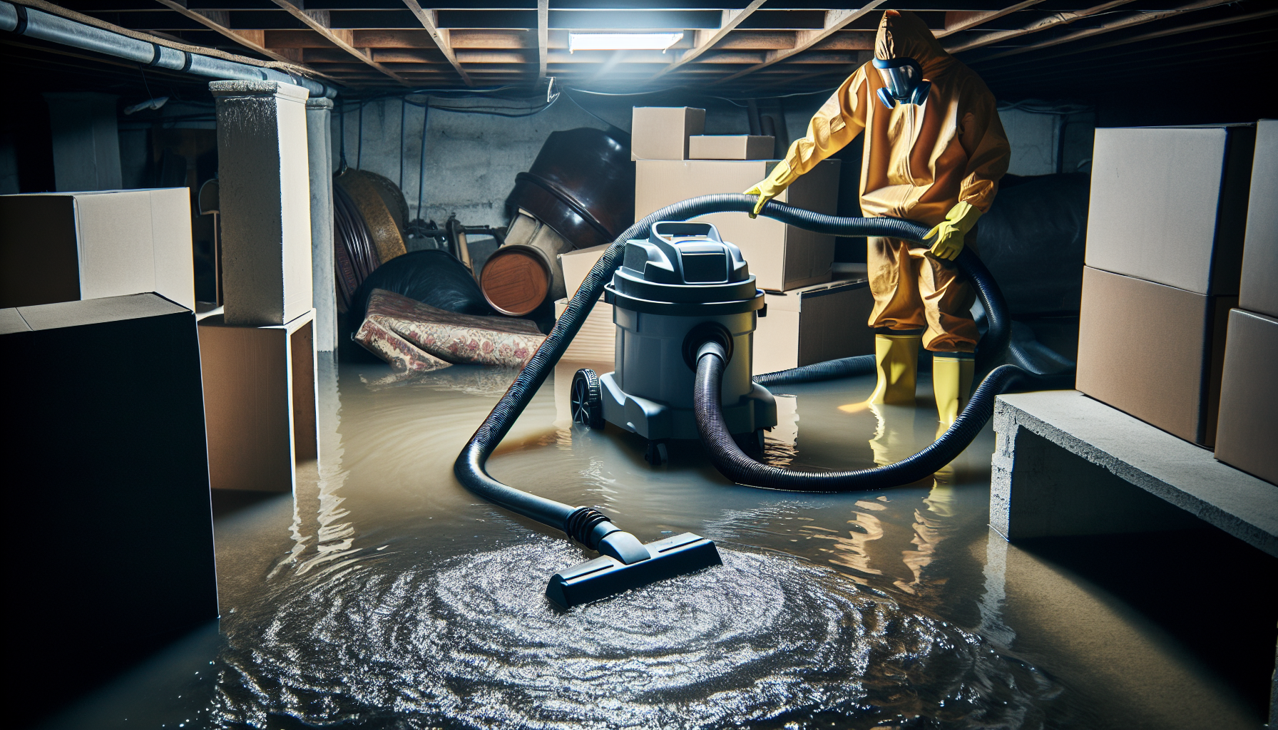 A wet vacuum being used to remove water from a flooded basement