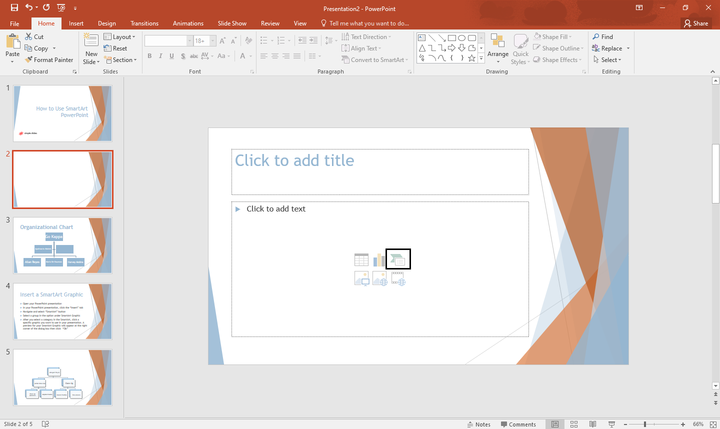 In the layout on your PowerPoint presentation, you can directly click the "SmartArt" icon to create a SmartArt graphic
