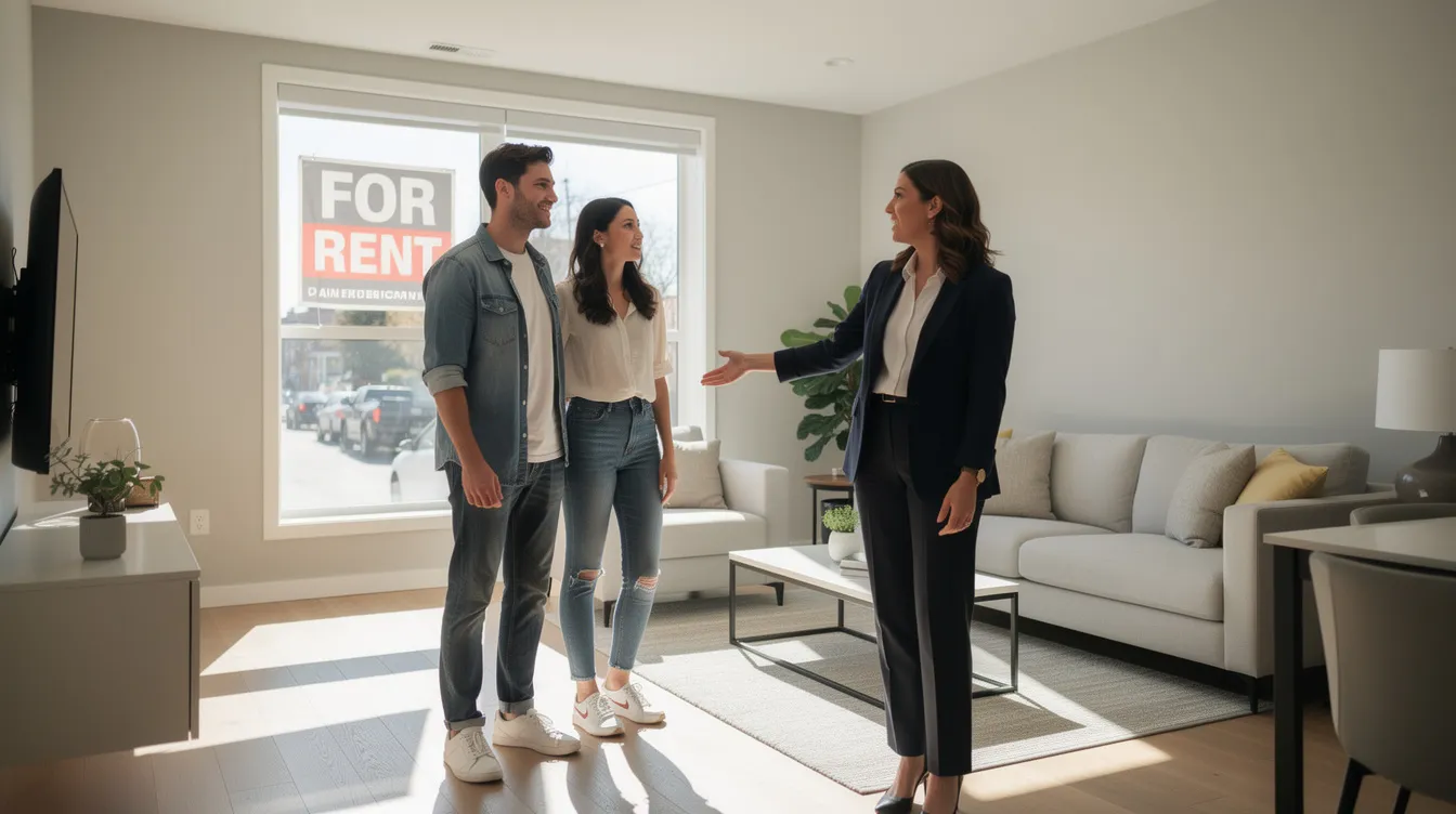A leasing agent is showing a bright, well-lit apartment to a young couple, with a "For Rent" sign visible outside the window. This scene highlights the role of property management companies in leasing properties to prospective tenants while ensuring the rental property is well maintained and compliant with local laws.
